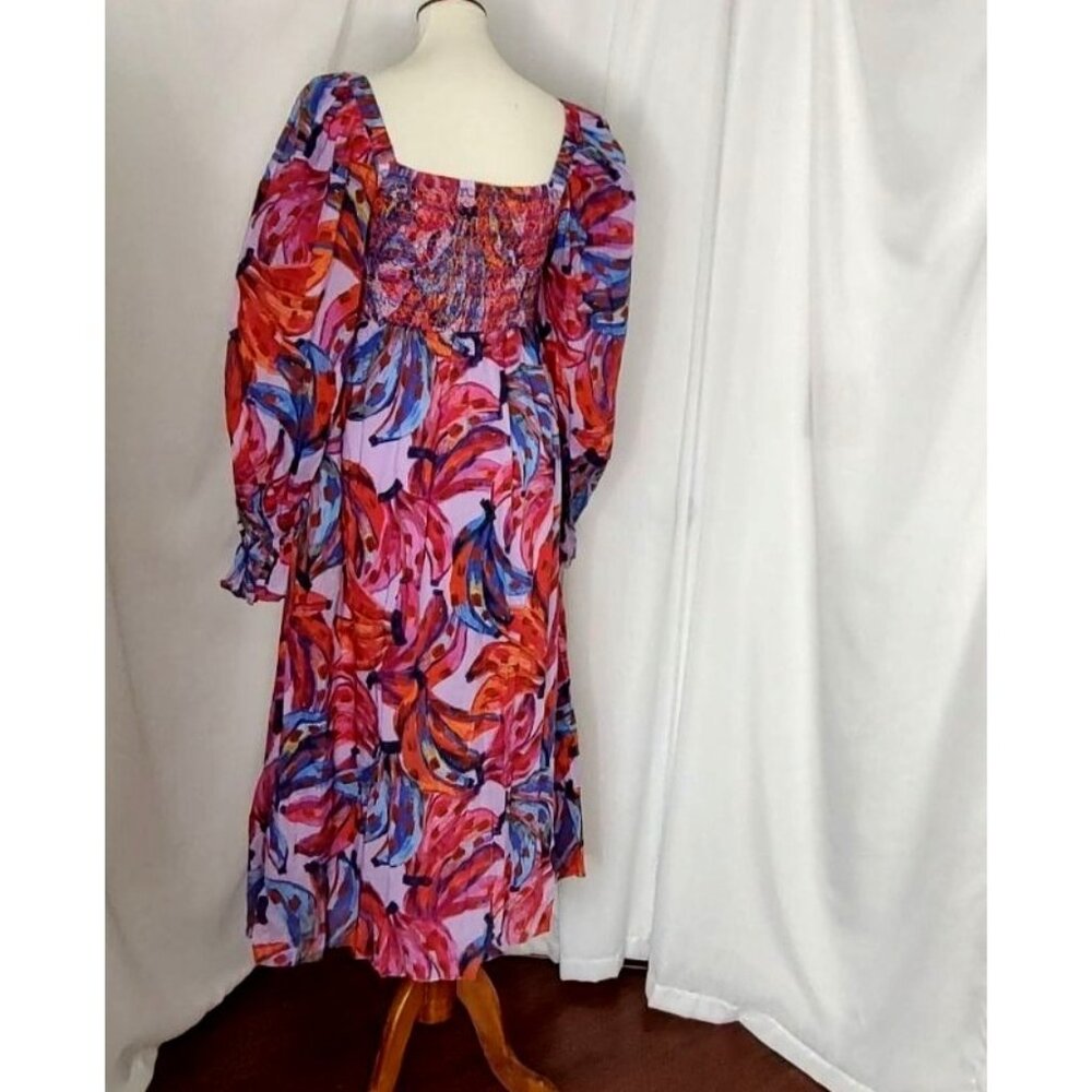 FARM Rio Maxi Dress L Coloured Bananas Puff Sleeves Smocked Tropical - Picture 8 of 15